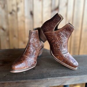 Dakota Charm Hand Tooled Genuine Leather Bootie Cowboy Boot Western Tan Brown